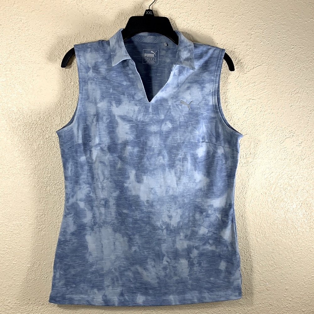 Puma Knit Top Blouse M Blue Tie Dye Stretchy Pullover Sleeveless Collared V-Neck